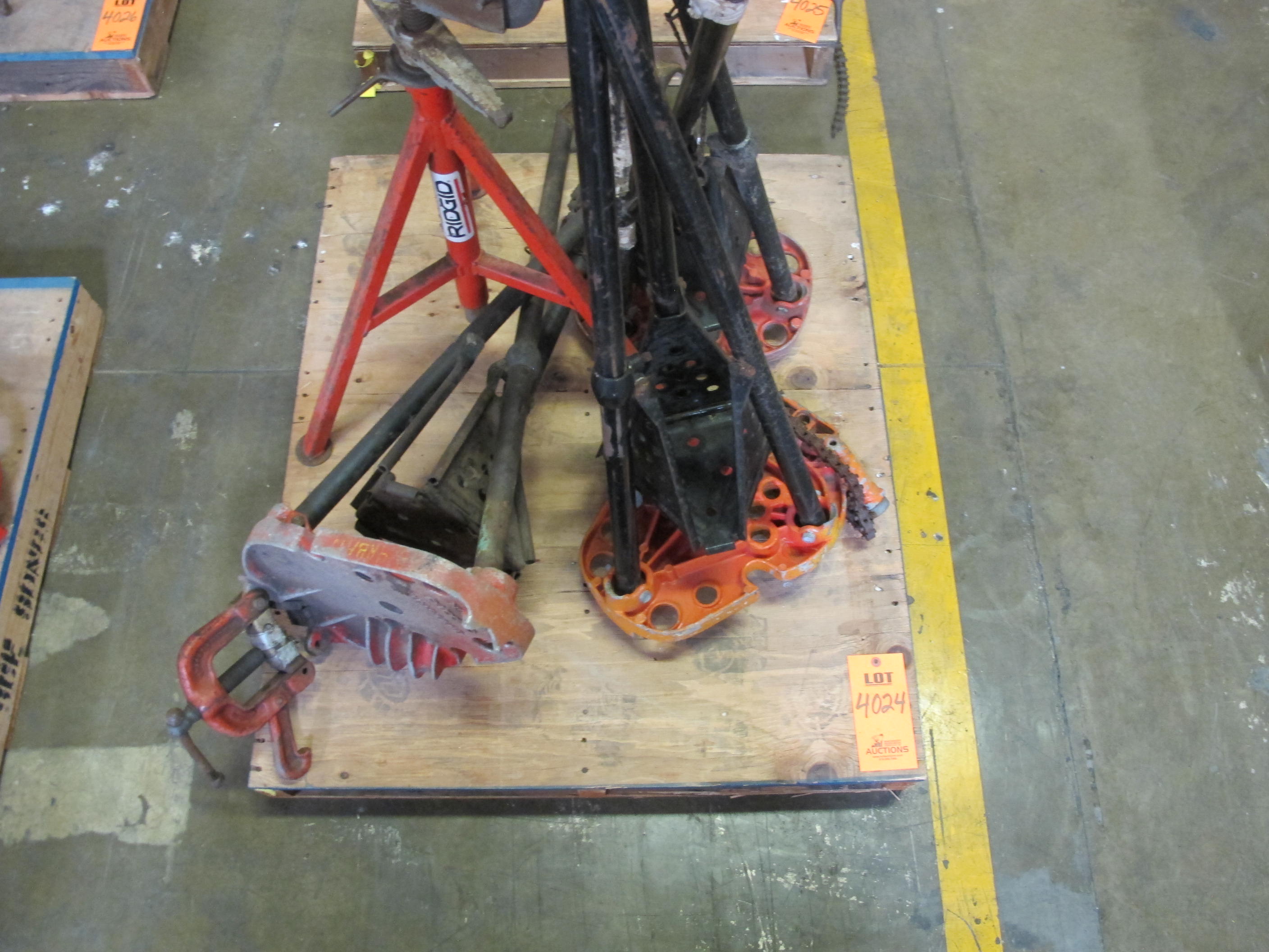 LOT TO INCLUDE: (1) RIDGID TRI-STAND/PIPE ROLLER, (3) RIDGID TRI-STANDS. LOADING & HANDLING FEE $15-4024